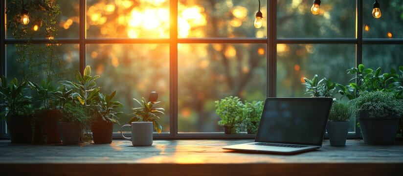 Fototapeta Sunset view from window with laptop, plants, and mug on wooden sill.