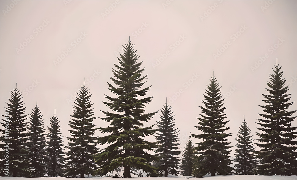 Poster Row of pine trees are lined up in a forest. The trees are tall and green. The sky is cloudy and gray