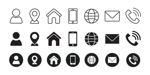 business card and website icon set. contact information icons containing name, location, phone, email and web address symbol. vector illustration