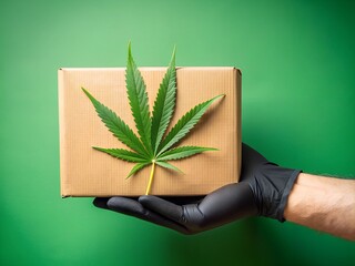 A hand clad in a black glove carefully holds a package adorned with a cannabis leaf, symbolizing the growing trend toward sustainable cannabis delivery practices