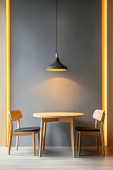 A table with two chairs and a lamp hanging above it