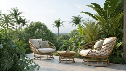 Fototapeta premium Elegant rattan chairs adorned with soft cushions invite relaxation amidst a backdrop of leafy tropical plants each adding texture and depth to the inviting atmosphere.