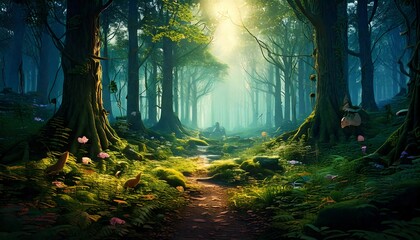 Enchanted Forest Path: Sunlit Mystical Grove with Luminescent Flora