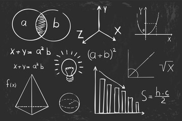 Math geometry graph and shapes on blackboard background. Set science doodle hand drawn sketch elements. Study theory formula, calculations.