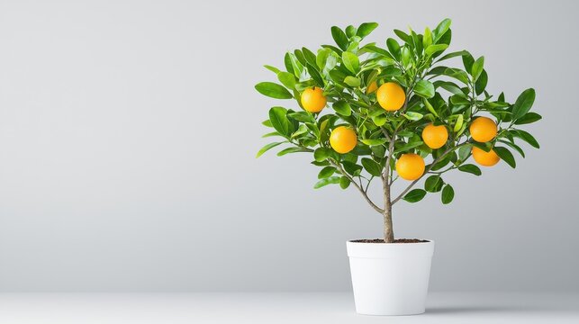 A small orange tree with a few oranges on it is in a white pot
