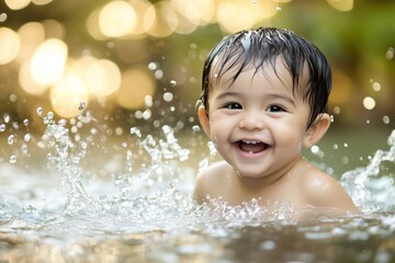 Happy baby boy splashing and playing in water outdoors