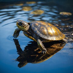 Obraz premium An Amazon river turtle with golden reflections against a blue-white glow.