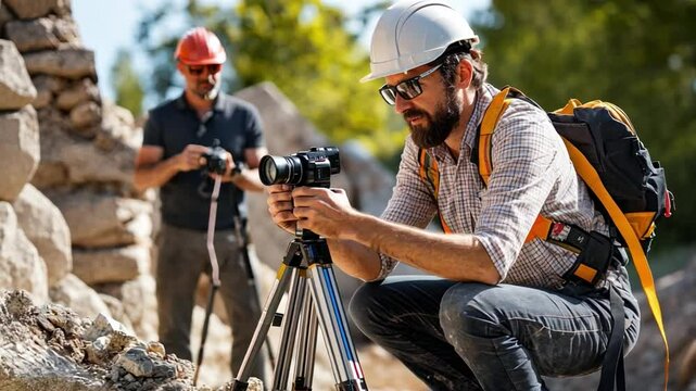 Archaeologists conducting a geophysics survey to detect underground ruins using advanced technology.