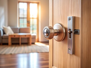 Obraz premium A wooden door stands ajar, inviting fresh air into a cozy living area bathed in golden afternoon light. A plush sofa awaits relaxation, enhancing the serene atmosphere