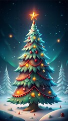 Obraz premium christmas tree in the night with star on the sky, Cartoon style