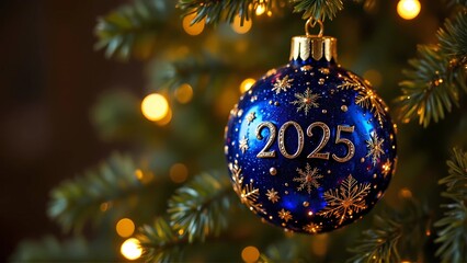 Close up of blue christmas ball with "2025" written on it, christmas tree and bokeh background 