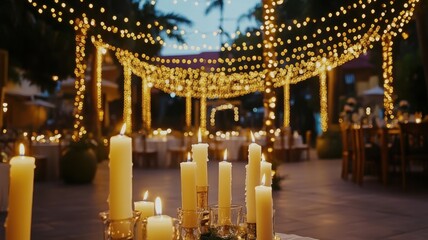 Obraz premium Burning candles illuminating outdoor wedding reception decorated cozy romantic event party location by night with light chains and candles