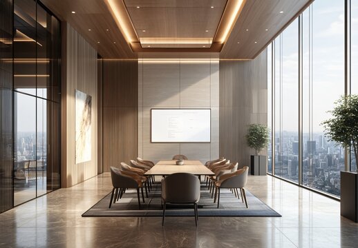 Modern beige-themed conference room in a startup office, featuring blank blackboard and decorative art frames, with sleek furniture and an open, collaborative design.