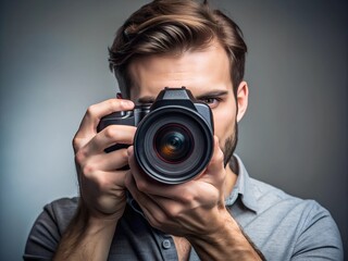 A dedicated photographer holds his camera close, poised to capture the perfect shot in a moody studio ambiance. His focus and passion shine through as he prepares for inspiration