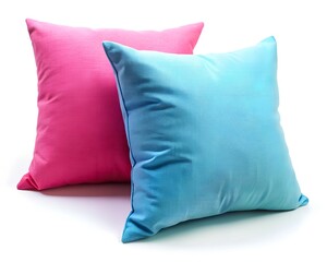Two plush cushions, one bright pink and the other soft blue, rest comfortably against each other. Their inviting colors add a cheerful touch to any living room or bedroom, enhancing comfort and style