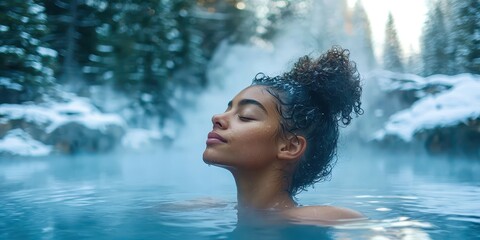 Woman is in a hot tub with her hair in a bun