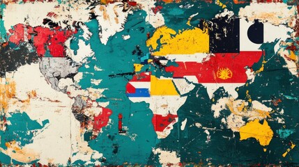 A colorful world map with the national flags of each country superimposed on their respective locations.