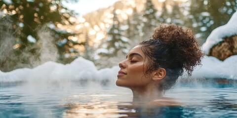 Woman is in a hot tub with her hair in a bun