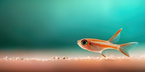Naklejka premium A small orange fish swims gracefully across a sandy substrate, set against a soft, blurred turquoise background.