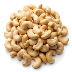 A vibrant pile of raw cashew nuts showcases their unique curved shapes and pale hue. These nutritious snacks beckon from the smooth surface, ready for culinary adventures