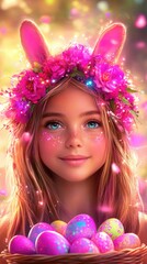 Fototapeta premium Young caucasian girl with flower crown and easter eggs in vibrant spring setting. Happy Easter
