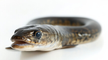 Obraz premium Close-up of a fish with elongated body and sharp teeth on a white background, showcasing its unique features and smooth scales.
