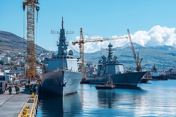 Fototapeta premium Naval Shipbuilding Dock with Large Military Vessels Moored and Cranes in