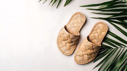 Woven Bamboo Slippers with Palm Leaf on White Background