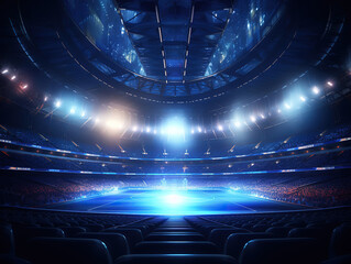 Unbelievable Soccer stadium with green grass and blue sky and at night