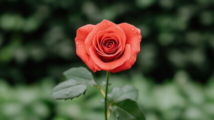 Close-up of a vibrant red rose adorned with fresh dewdrops, standing gracefully against a blurred green garden background.