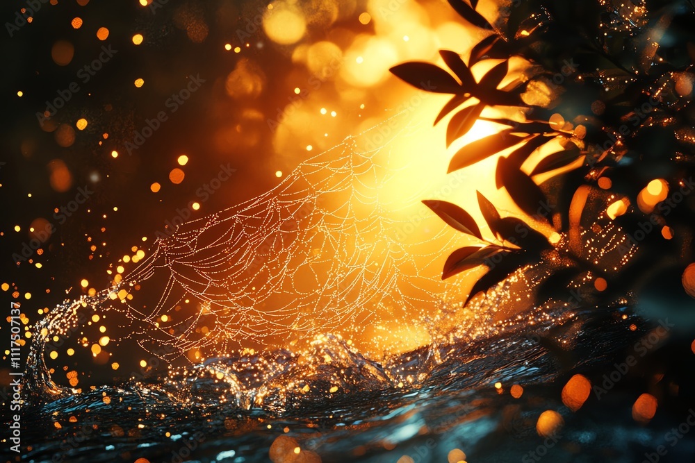 Poster a glowing spider web glistens in sunlight, surrounded by shimmering bokeh and foliage.
