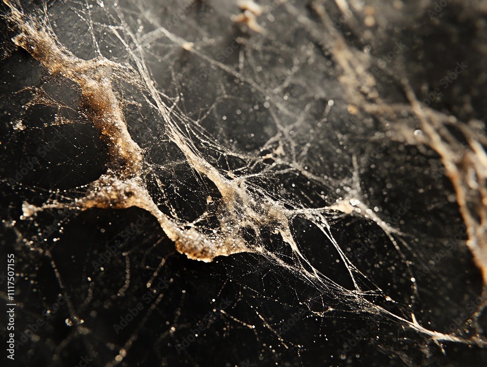 Aufkleber Close-up of intricate spider web patterns on a dark surface.