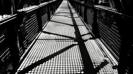 Naklejka premium A metallic grid bridge walkway, photographed from above, with shadow patterns cast on the surface