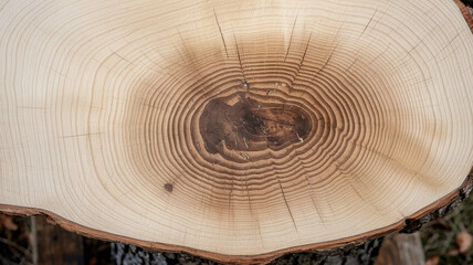 Close-up view of a Beech tree cut surface showing detailed annual growth rings, natural texture, and cracks, perfect for nature backgrounds, woodworking, or ecological studies. 