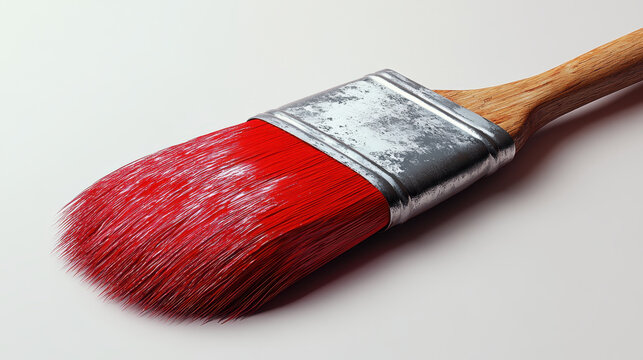 A close-up view of a bright red paintbrush with a wooden handle resting on a white surface, perfect for showcasing creativity and art supplies