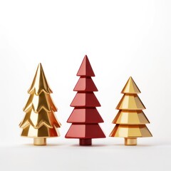 Obraz premium three spruce plastic figurines gilded and shiny red color isolated on white background