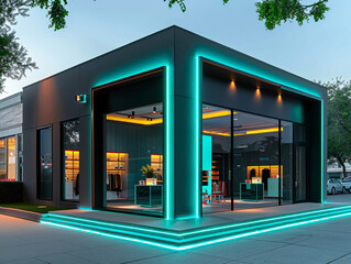 Contemporary boutique with a charcoal exterior and neon teal highlights. The bright lighting adds a vibrant touch to the sleek, high-definition urban backdrop