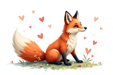 Obraz premium A drawn red fox with a fluffy tail, white shirt and black paws. Green grass, pink and white flowers. On a white background around the fox are red and pink hearts. Valentine's Day card. To my beloved