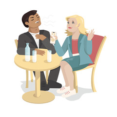 A girl interviews a celebrity. Proud man. A vain man is happy to talk about himself. Two people are sitting in a cafe. Business meeting. Vector illustration.Childish style, Cartoon character.