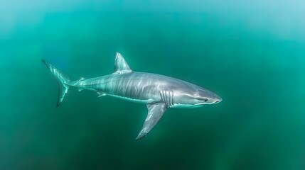 Fototapeta premium Great White Shark Underwater, Green Water