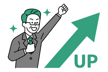 上昇する矢印とガッツポーズで喜ぶ中年のスーツの男性