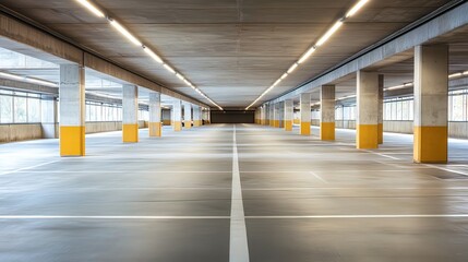 Empty Parking Garage with Yellow Columns and White Lines