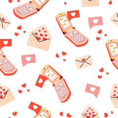 Seamless Valentine's Day Pattern with Envelopes, Love, retro mobile, message, Hearts on white Background. Vector
