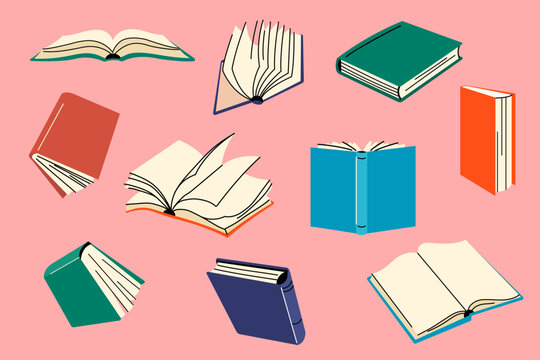 Colorful Set of Open and Closed Book, stickers collection, clip art. Educational theme, scientific and fiction literature. Vector illustration