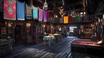 Vibrant Rustic Bazaar Interior with Artisanal Decor and Textiles