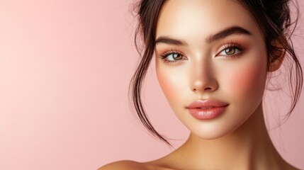 Fototapeta premium A close-up portrait of a young woman with natural makeup against a soft pink background.