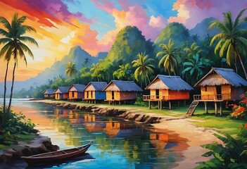 Fototapeta premium Oil Painting - Cabin by the sea