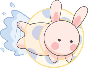 Cartoon rabbit in a rubber ring floating in the water.eps