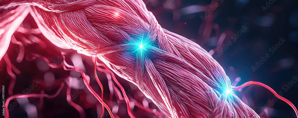 Poster abstract representation of interconnected fibers with glowing lights, symbolizing technology.
