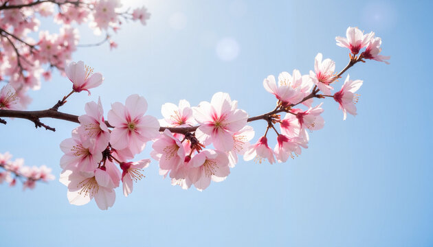 Cherry blossom branch with pink flowers against clear blue sky in springtime
